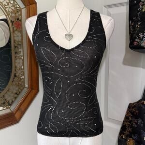 Y2K The Limited Black Sheer Mesh & Silver Rhinestone Form Fitting V Neck Top